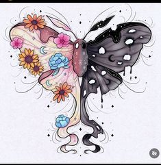 a butterfly with flowers on it's wings is shown in this tattoo art design