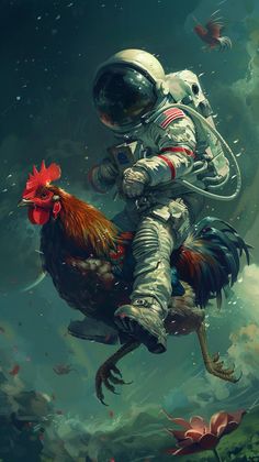 an astronaut riding on the back of a rooster