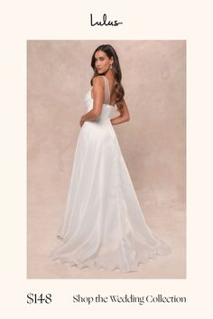 a woman in a white wedding dress with the words shop the wedding collection on it