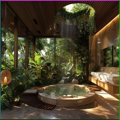 an outdoor spa with plants and trees surrounding it