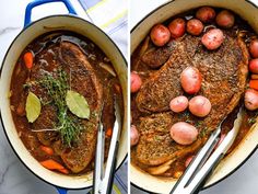 two pictures of meat and potatoes in a pot