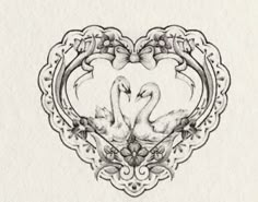 a drawing of two swans in a heart shaped frame