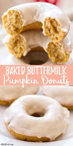 baked buttermilk pumpkin donuts with white frosting on top and the bottom