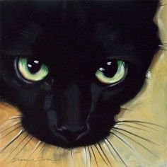 a painting of a black cat with green eyes