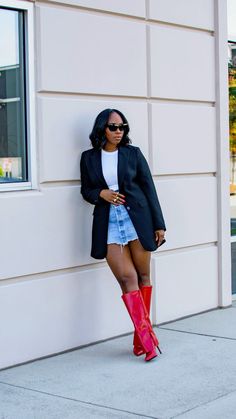 Burgundy Outfit Black Woman, Red Boot Outfit Ideas, Red Boots Outfit Black Women, Denim Boots Outfit Black Women, Red Leather Boots Outfit, Outfit With Red Boots, Outfits With Red Boots, Red Boot Outfit, Red Knee High Boots Outfit