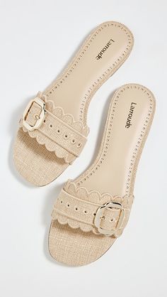 Larroude Ivy Broderie Slides | Shopbop Woven Sandals, Woven Raffia, Heel Caps, Fat Face, Rubber Heels, Thong Sandals, Uganda, Flat Sandals