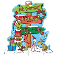 the grinch road sign is decorated with christmas decorations