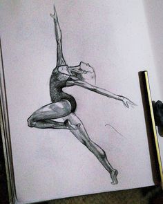 a pencil drawing of a woman doing a dance pose on a sheet of white paper