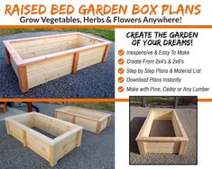 an advertisement for raised bed garden box plans