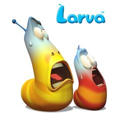 two cartoon characters with mouths open in front of the word larva