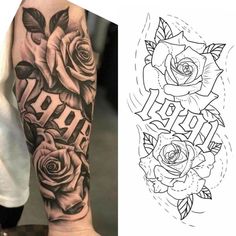 a woman's arm with roses on it and the word love tattooed in black ink