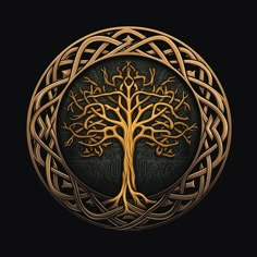 a golden tree in a circle with celtic patterns