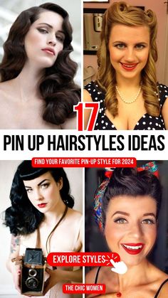 17 Vintage-Inspired Pin-Up Hairstyles for 2024 Glam How To Vintage Hairstyles, Womens Rockabilly Hairstyles, 1940s Formal Hairstyles, Film Noir Hairstyles, Vintage Roll Hairstyle, Vintage Beehive Hair, 50s Pinup Hair, Long Hair Vintage Hairstyles, How To Do Pinup Hair