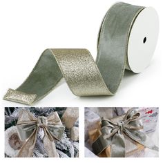 two pictures of ribbons with bows on them, one is silver and the other has gold