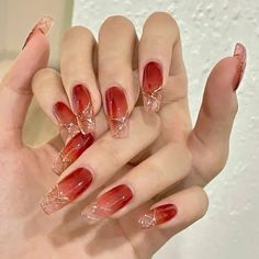 Red Gradient Press On Nails Fake Nails Acrylic Nails With Designs 24 Pcs Glossy Glue On Nails For Women. The Perfect Diy Manicure For Prom, Office, Wedding, Ect. Gradient Red Nails, Red Nails Jelly, Red Blush Nails, Pretty Red Nails Design, Red Douyin Nails, Red Gradient Nails, Red Jelly Nails, Red Gold Nails