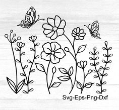 some flowers and butterflies on a white wooden background with the words svg - epsp - png - dxf