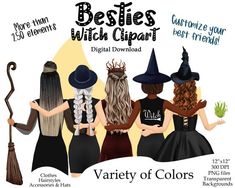 three women wearing witches hats and holding brooms with the words, besties witch clipart