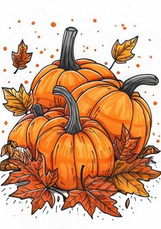 a drawing of a pumpkin surrounded by leaves