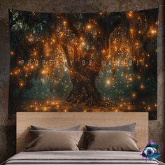 a bedroom with a large wall hanging over it's headboard and lights on the tree