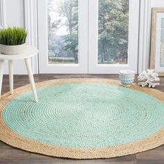 a round rug in the middle of a living room with a potted plant next to it