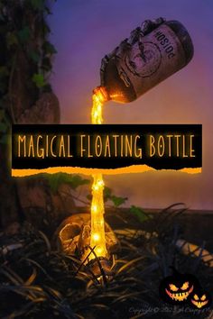 a bottle that is sitting on top of a sign with the words, magic floating bottle