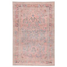 an antique rug with pink, blue and grey colors on the bottom half of it