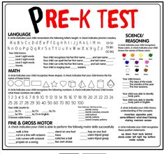 the pre - k test worksheet is shown in red, black and white