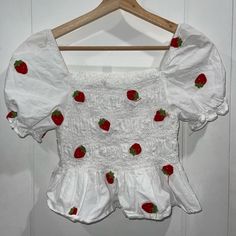 Shein Strawberry Blouse/Top Brand New Has No Tags Size S Strawberry Milk Aesthetic Outfits, Strawberry Blouse, Strawberry Clothing, Strawberry Costume, Thrift Clothes, Strawberry Shirt, Tøp Aesthetic, Thrifted Outfits, Inspo Board