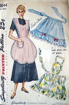 an old fashioned dress and apron pattern on a wooden surface with the words, one size