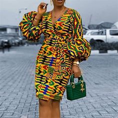 Fashion Women's Dress African Puff Sleeve Waist Belt Elegant Party – FrenzyAfricanFashion.com Dress Ankara, African Print Clothing, Dress African, African Print Dress, African Print Dresses, Midi Ruffle Dress, Neck Bodycon Dress, Maxi Robes