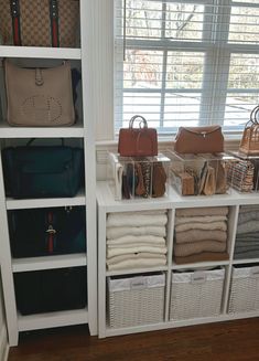 the closet is filled with purses and handbags