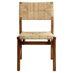 a wooden chair with a woven seat pad on the back and side, against a white background