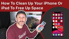 a man holding up an iphone with the text how to clean up your iphone or ipad to free up space