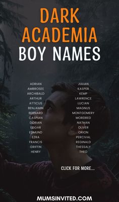 the poster for dark academy's boy names, which features an image of a young man