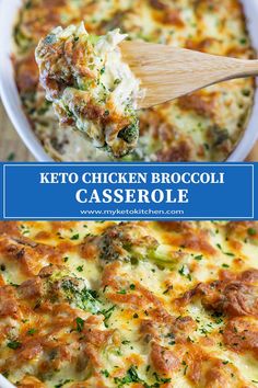 broccoli casserole in a white dish with a wooden spoon