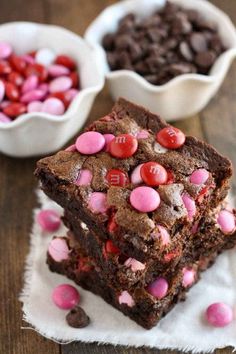 three brownies with m & m candies on them