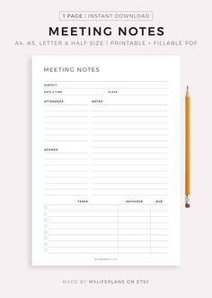 a printable meeting note with a pencil next to it