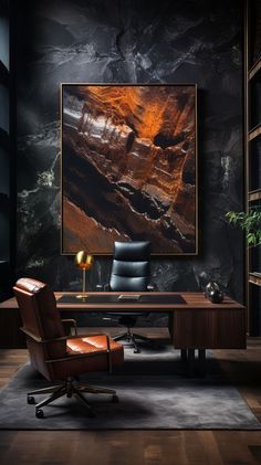 an office with a large painting on the wall and a leather chair in front of it