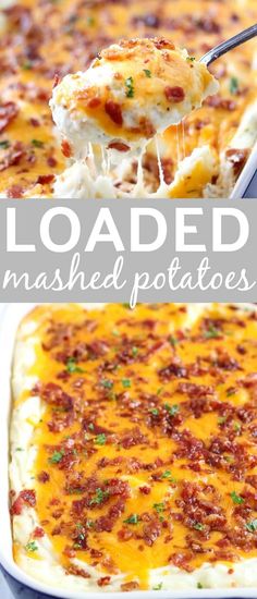 loaded mashed potatoes in a white casserole dish with a serving spoon and title text overlay