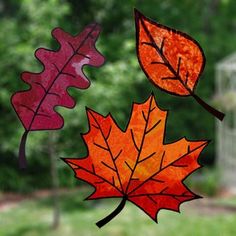 three stained glass fall leaves hanging from a window sill in front of a tree