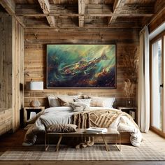 a bedroom with wooden walls and flooring has a large painting hanging above the bed