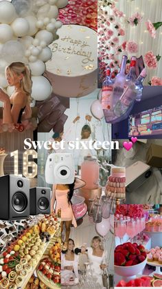 a collage of photos with balloons, cake and other items in the background text sweet sixteen is 16