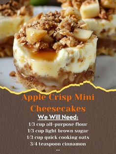 an advertisement for apple crisp mini cheesecakes