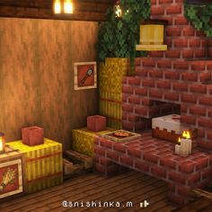 a living room filled with furniture and a fire place next to a brick wall covered in lego blocks