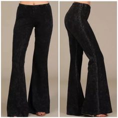 Black Boho Mineral Wash Flared Stretch Pants