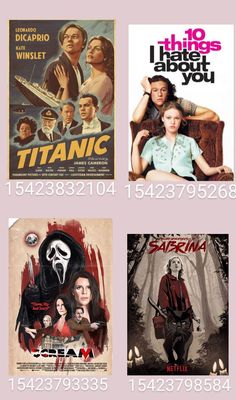 four different movie posters are shown in the same font and number, each with their own character