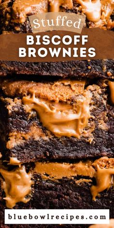 brownies stacked on top of each other with caramel drizzle