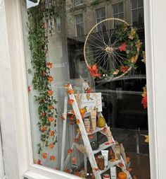 a window display with flowers and other items in the windowsills, including a wheel