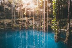 the blue pool is surrounded by trees and water