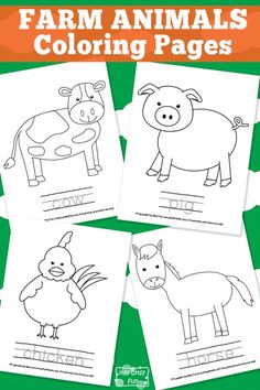 four farm animals coloring pages with the words farm animals in black and white on them